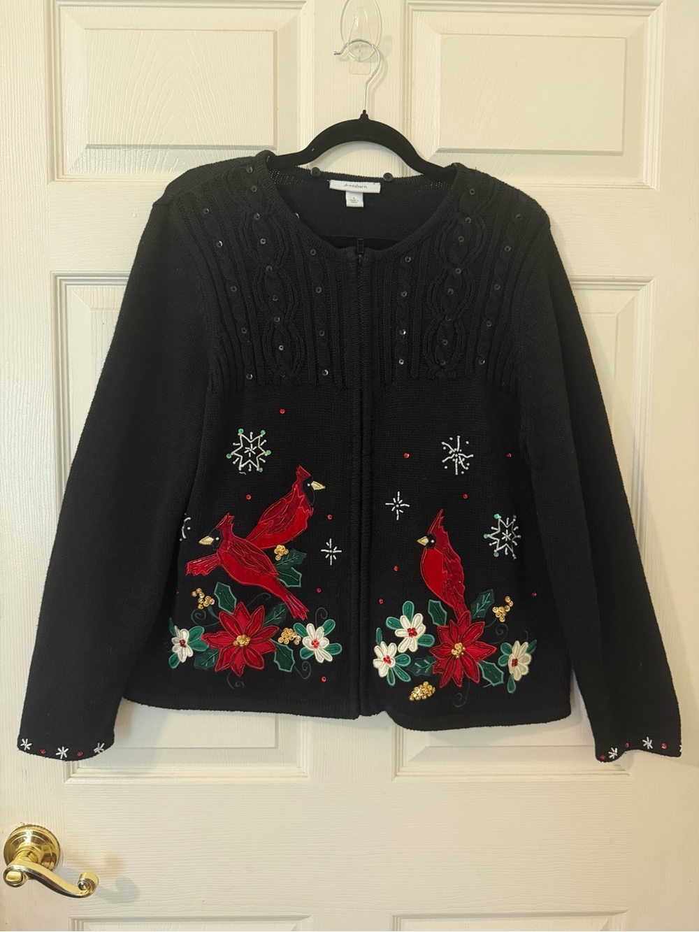 Dressbarn Vintage Christmas Cardinal & Poinsettia Zip Up Cardigan Sweater Large